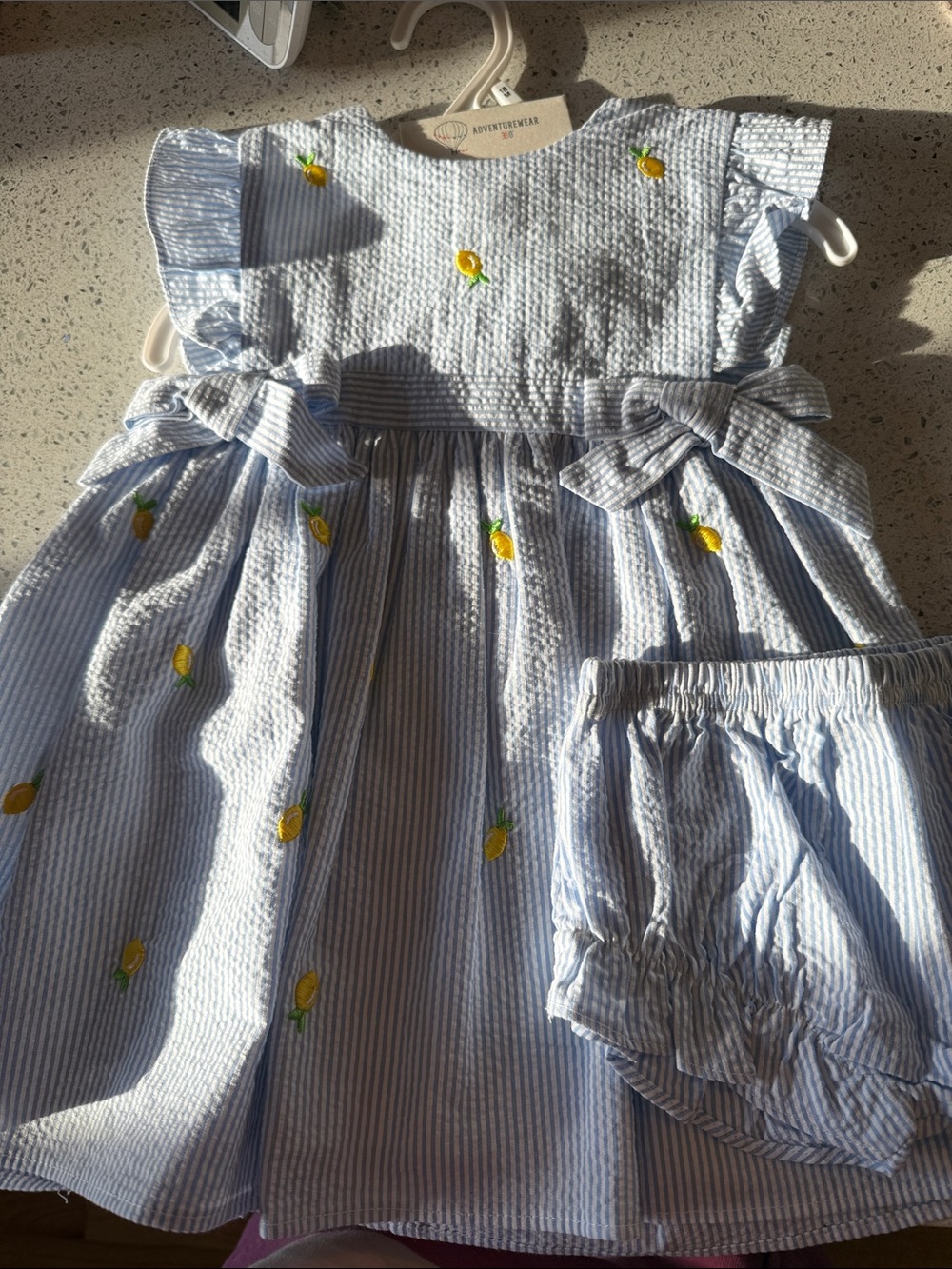Blue Seersucker Baby Dress with Lemon Embroidery
